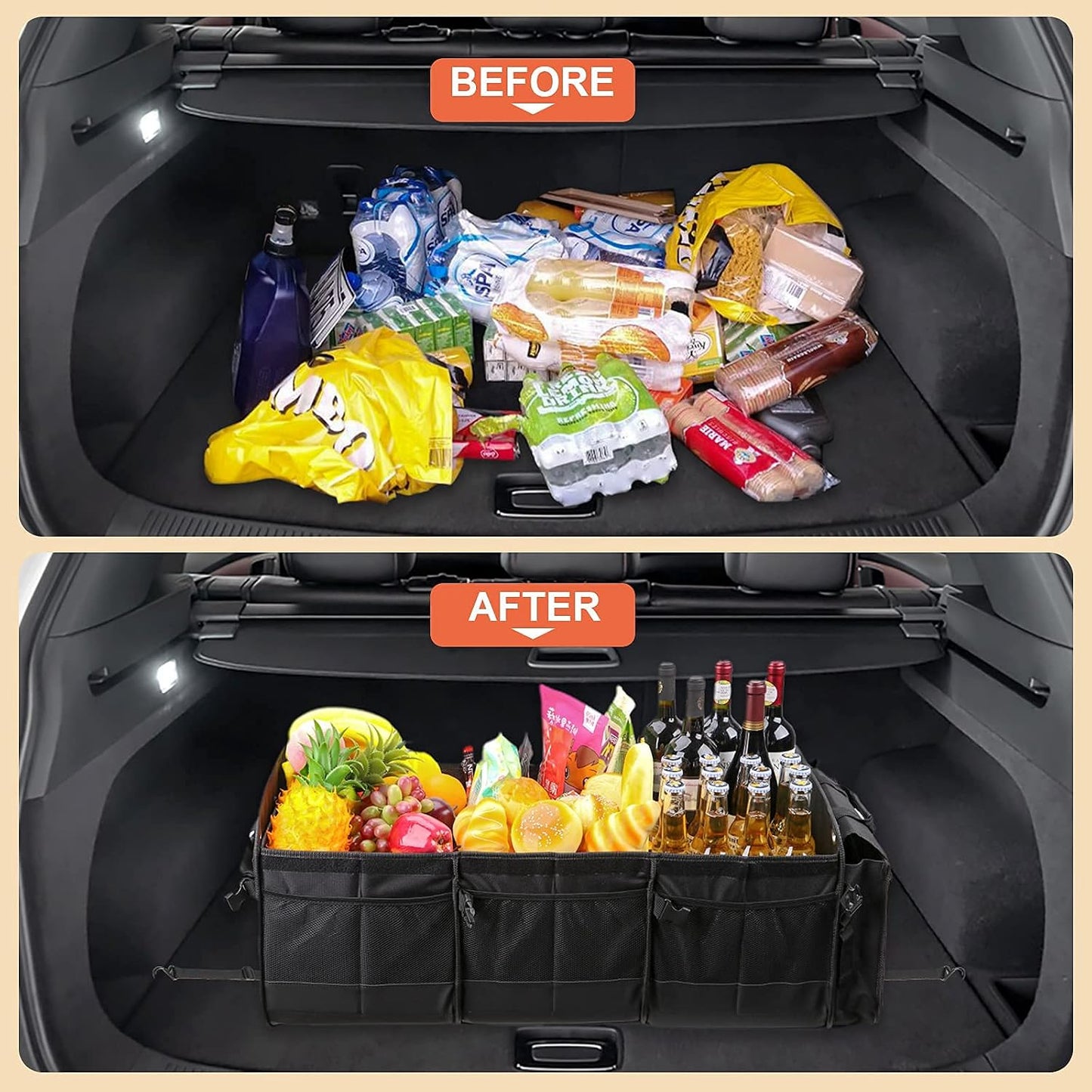 Car Trunk Organizer with Lid & Removable Leakproof Cooler Bag，Foldable Cover,Large Trunk Organizers,Multi-Compartment Collapsible Cargo Storage Organizer for SUV,Van,Truck,Sedan(3 Compartments,Black)