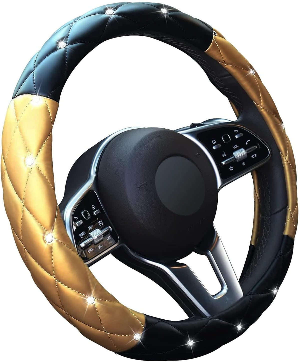 Diamond Leather Bling Steering Wheel Cover, Universal Car Steering Wheel Protector with Crystal Rhinestones Anti-Slip Soft Interior Accessories for Women and Girl Fit 15 inch -Black