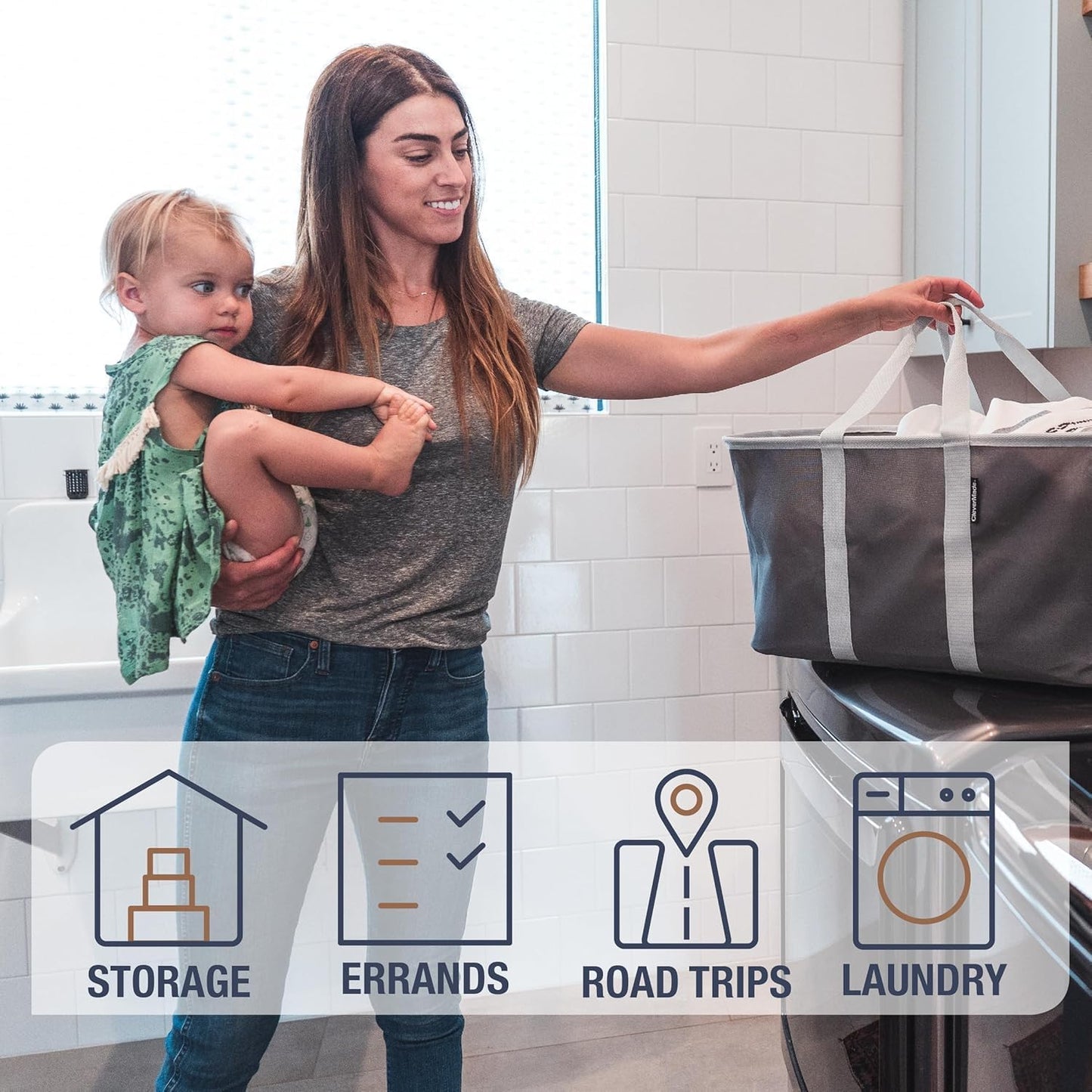 CleverMade Collapsible Milk Crate (Recycled) - 25L - Stone (3PK) and Collapsible Laundry Tote - Shadow Gray/Stone Gray (2PK) Bundle