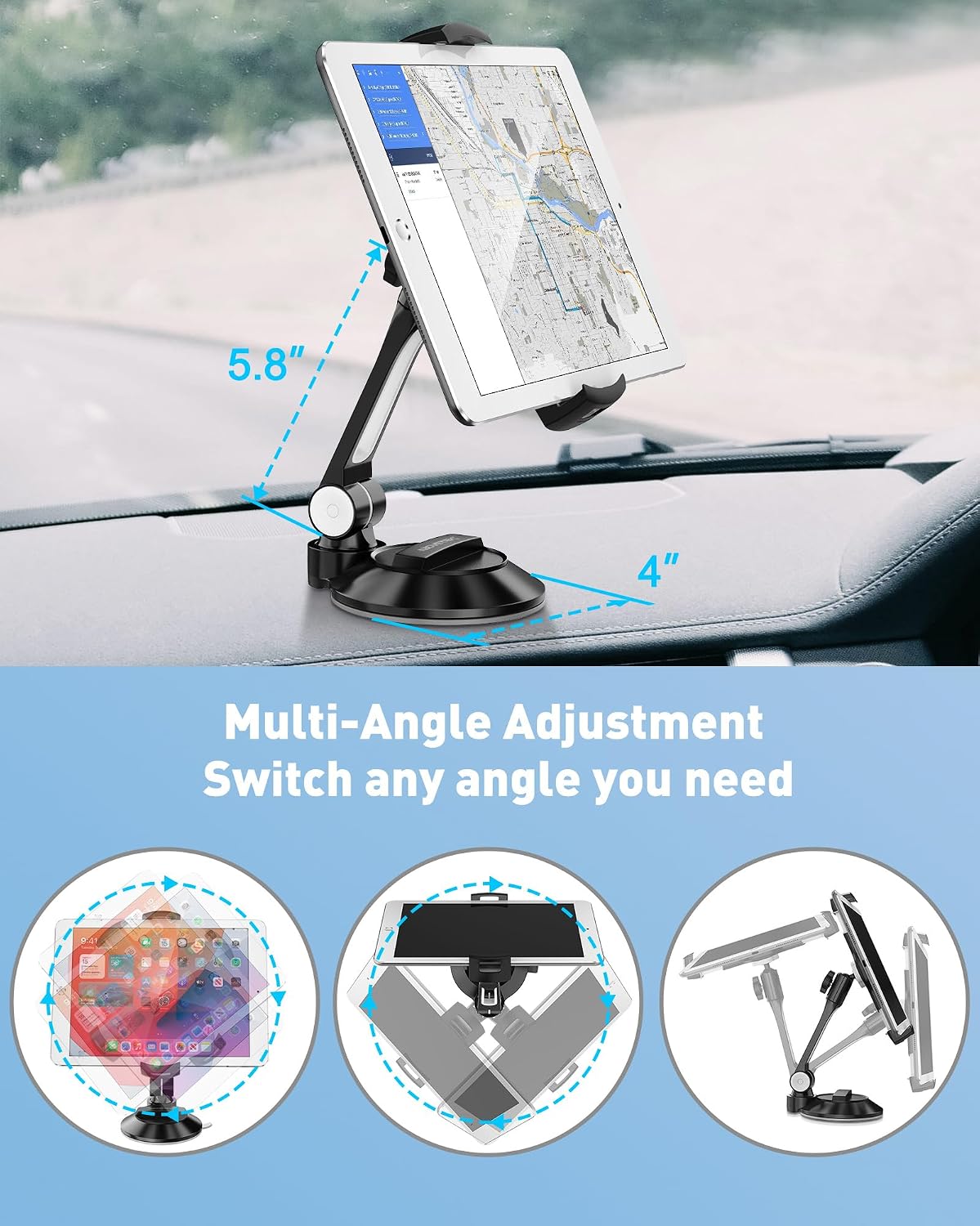 AboveTEK iPad Suction Mount, Phone Tablet Stand Holder with Suction Cup Fits 4"-11" Tablet/Phone/iPad mini/Air, Sticky iPads Mount on Window Bathroom Mirror, for Car Truck Windshield Boat (Black)