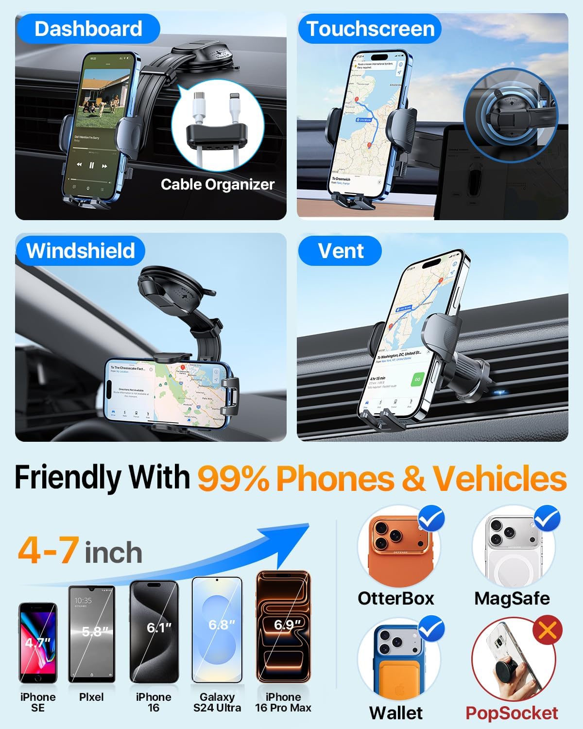 HTU Upgraded Strongest Suction No Block View Bendable Arm Car Phone Holder