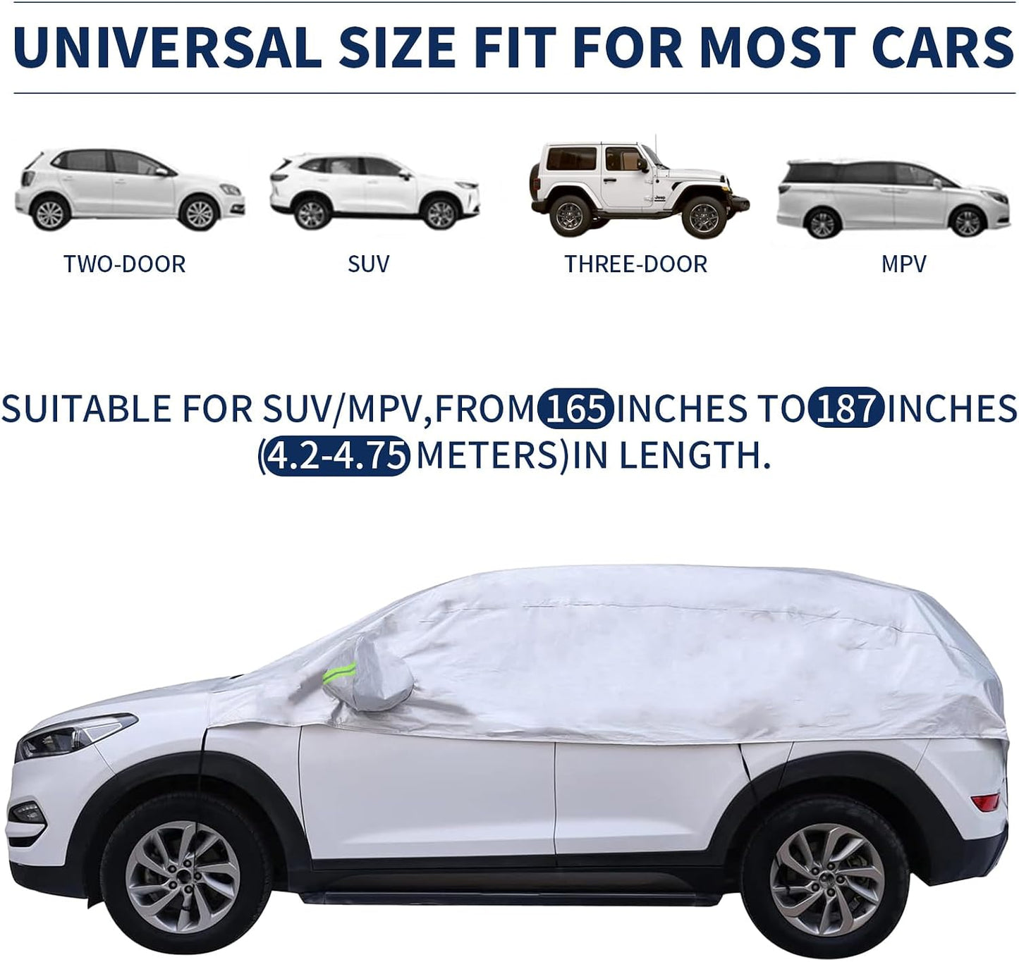 Hrozny Half Car Cover, Car Windshield Cover for Ice and Snow with Reflective Straps, Car Snow Cover Universal Fit for Most Cars (SUV)