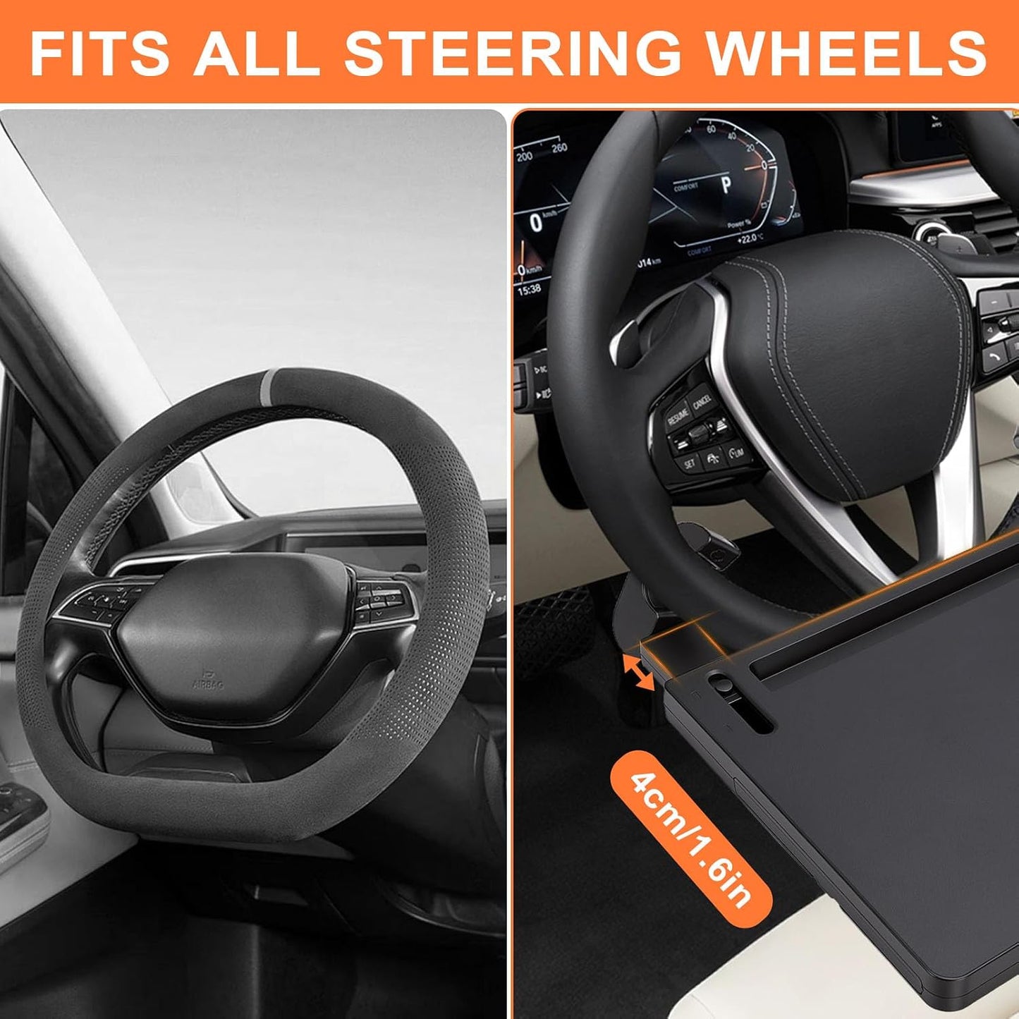 Extendable Steering Wheel Tray, Adjustable Car Desk for Laptop and Tablet, Car Food Tray with Expandable Side Panels and Locking Clip Support for Eating, Working