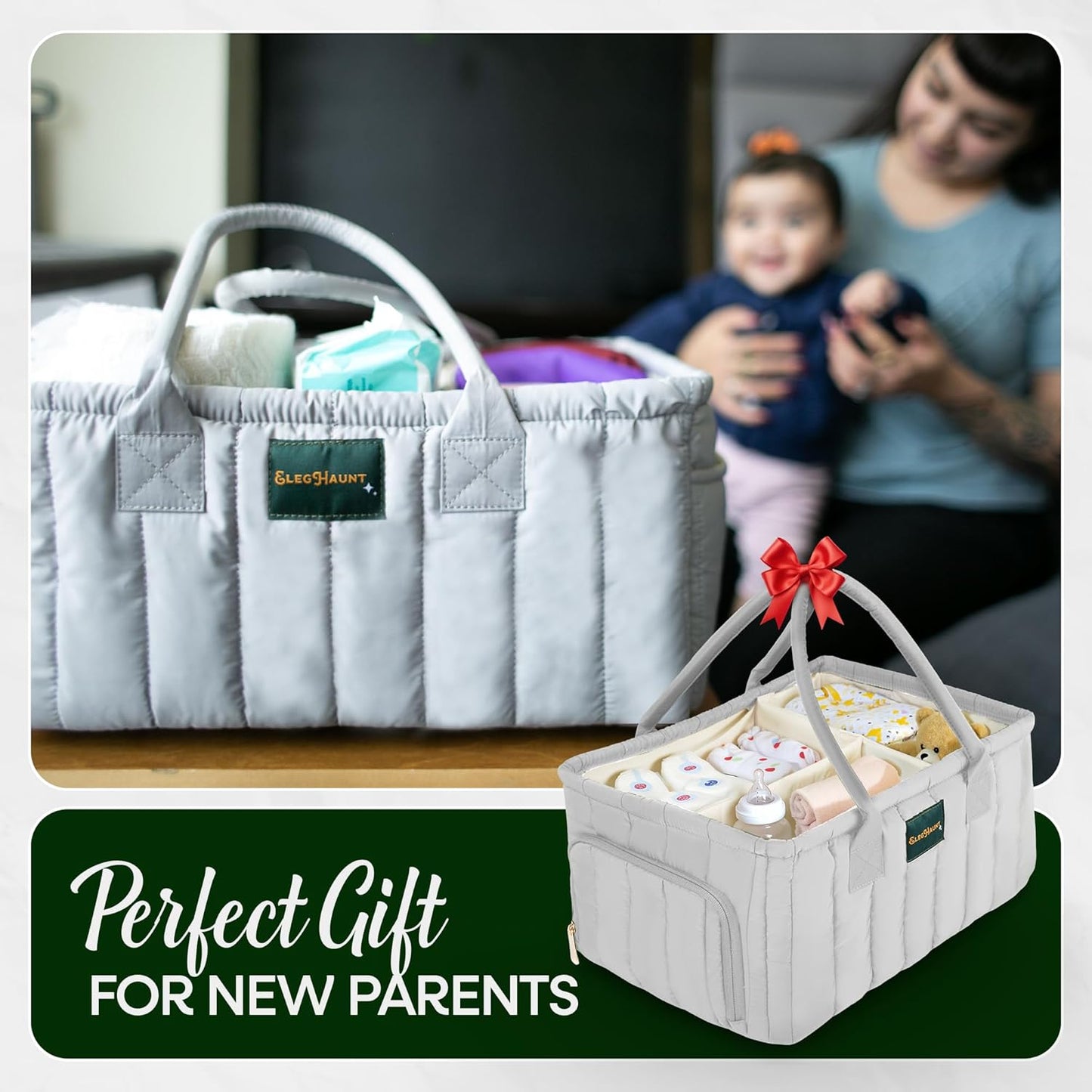 Large Diaper Caddy Organizer with Handle – Baby Basket for Nursery, Car, and Changing Table – Portable Baby Storage with Compartments – Perfect for New Parents and Baby Shower Gifts (Gray)