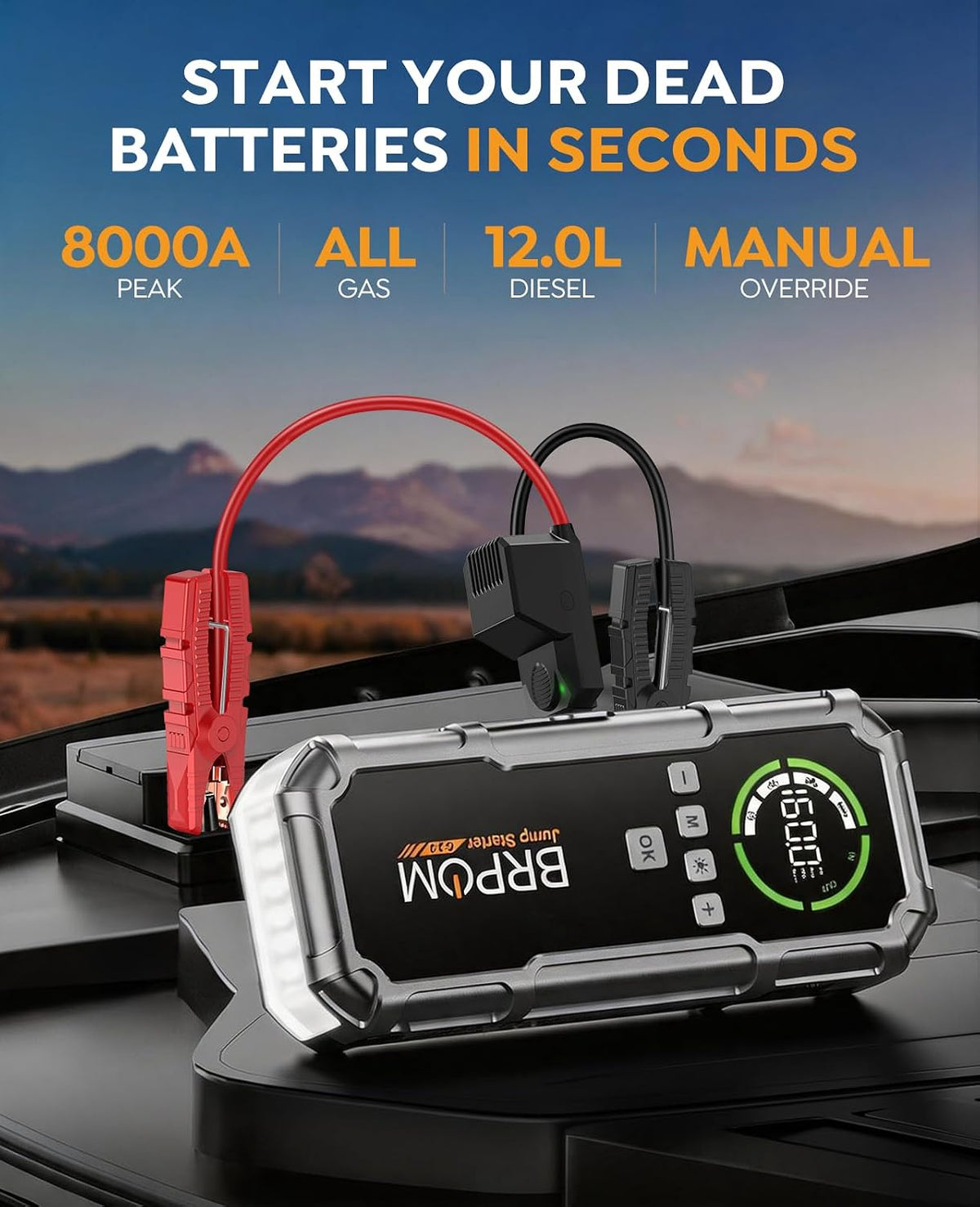 Jump Starter with Air Compressor, BRPOM 8000A Portable Car Jump Starter (All Petrol/12L Diesel), 160PSI 12V Battery Jump Starter Power Pack with Jump Clamps, LCD Screen, 600 Lumens Emergency Light