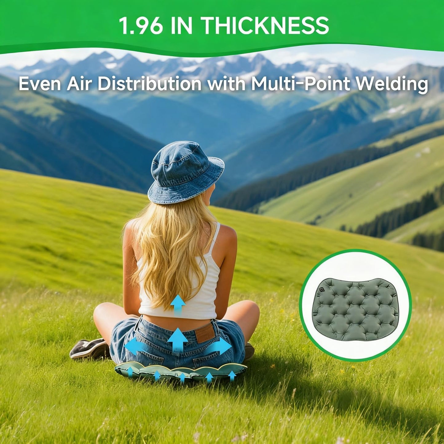 Inflatable Seat Cushion with Pump, Portable Air Seat Pad | Lightweight waterproof material, airplane stadium camping hiking office car, pressure relief comfort, travel chair pad