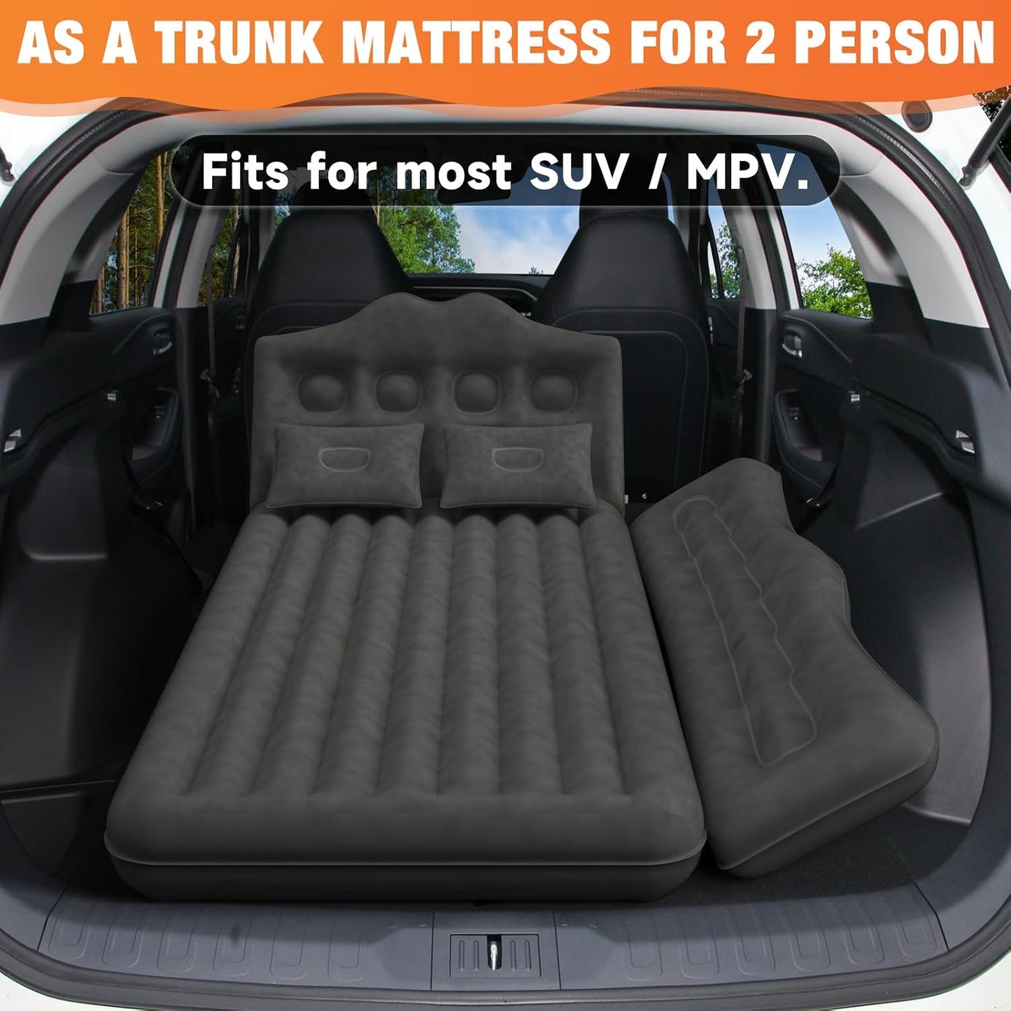 Car Air Mattress Bed - Inflatable Back Seat Air Mattress with Upgraded Wear-Resistant Pongee Bottom, Thick Camping Sleeping Pad with 2 Pillows & Air Pump, Fits Sedan/Truck/SUV, Black