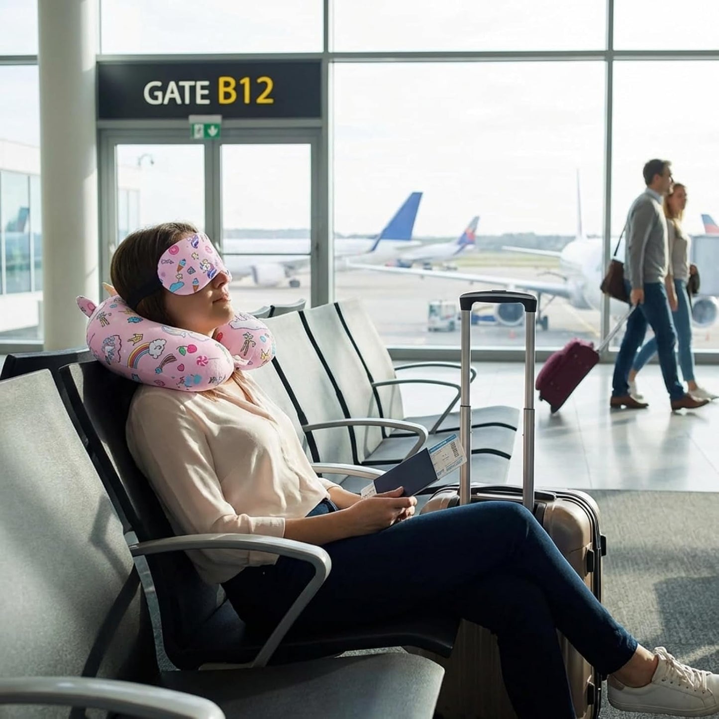 Thyle 2 Set Unicorn Neck Travel Pillow for Kids and Eye Mask Lightweight Travelling Sleeping Pillow Set for Airplane, Car, Train, Bus and Home Use Support Blindfolds