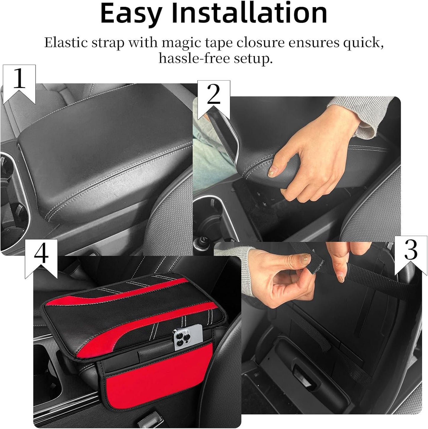 NBTEPEM Red Center Console Cover, Sporty Leather Armrest Cover Cushion with 2 Storage Pockets, Universal Auto Middle Console Protector, Car Interior Accessories for Most SUV, Truck, Sedan Vehicles