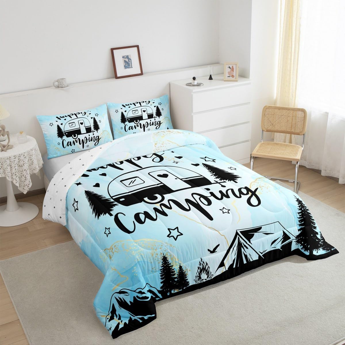 Manfei Happy Camping Camper Kids Comforter Set Twin Size,Star Pine Tree Mountain Bedding Set,Girls Boys Room Decor,Rustic Farmhouse Cabin Quilt Comforter,Blue Country Duvet Insert,1 Pillowcase