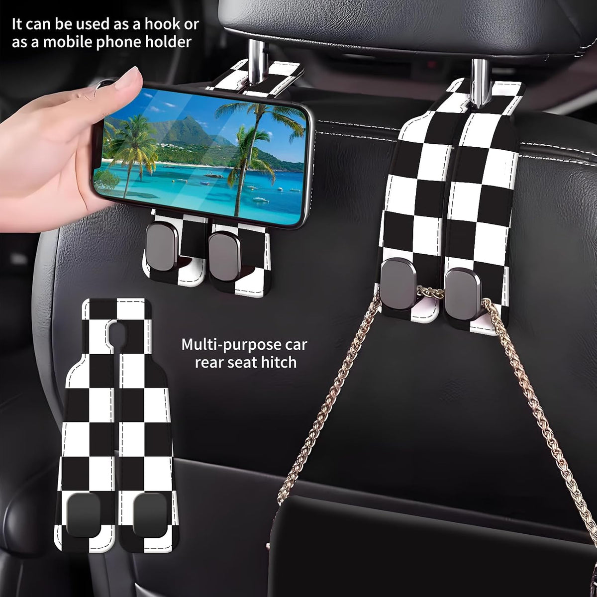 Car Seat Back Storage Headrest Hook, Premium Leather Double Metal Hook, Hanger Storage Organizer for Purse Cloth Bag, Car Interior Accessories Black White Plaid