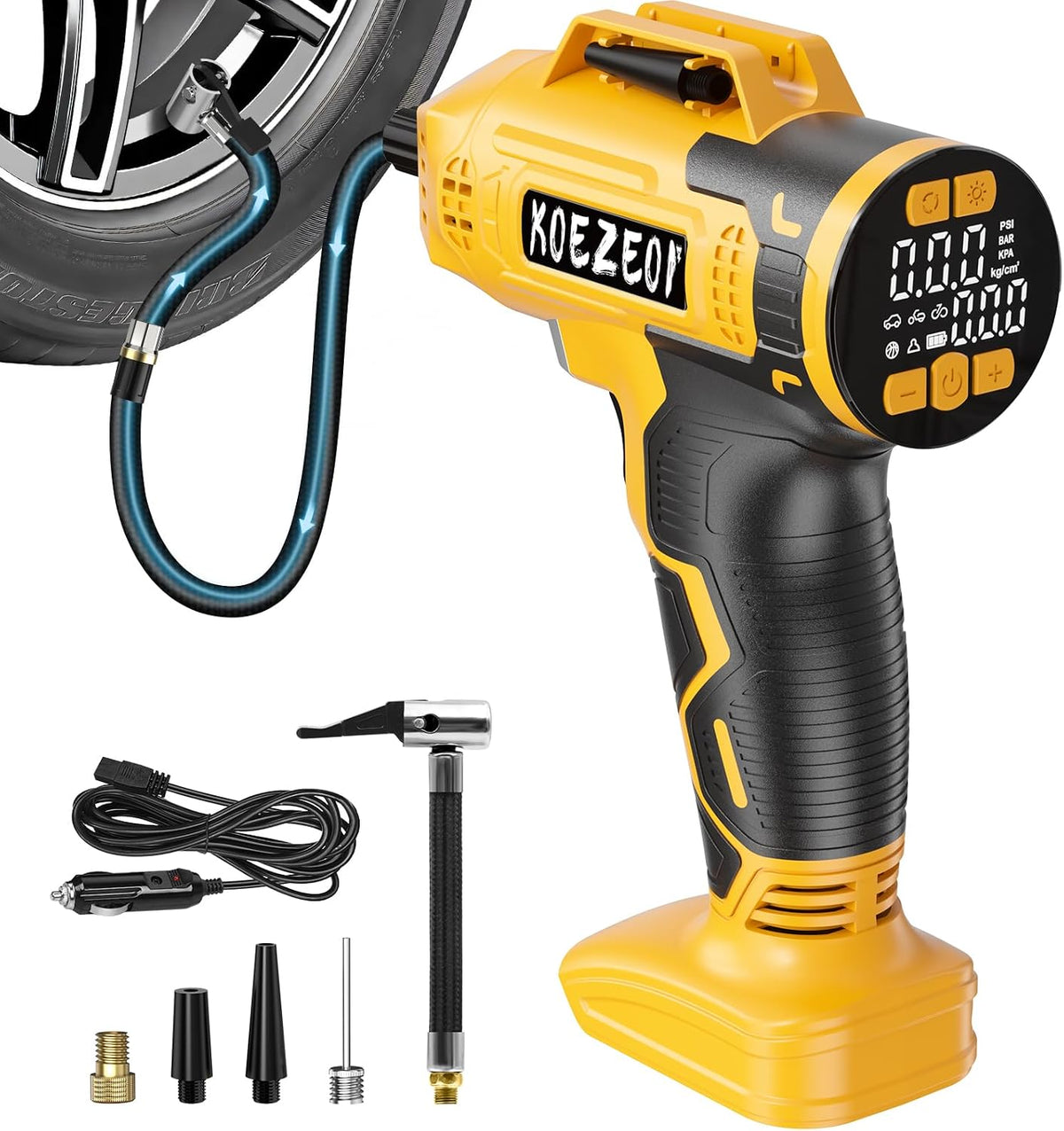 Cordless Tire Inflator Portable Air Compressor Compatible with Dewalt 20V Battery, 160PSI Electric Air Pump with 12V Car Power Cable Dual Mode and Digital Pressure Gauge LED Light for Car and Balls