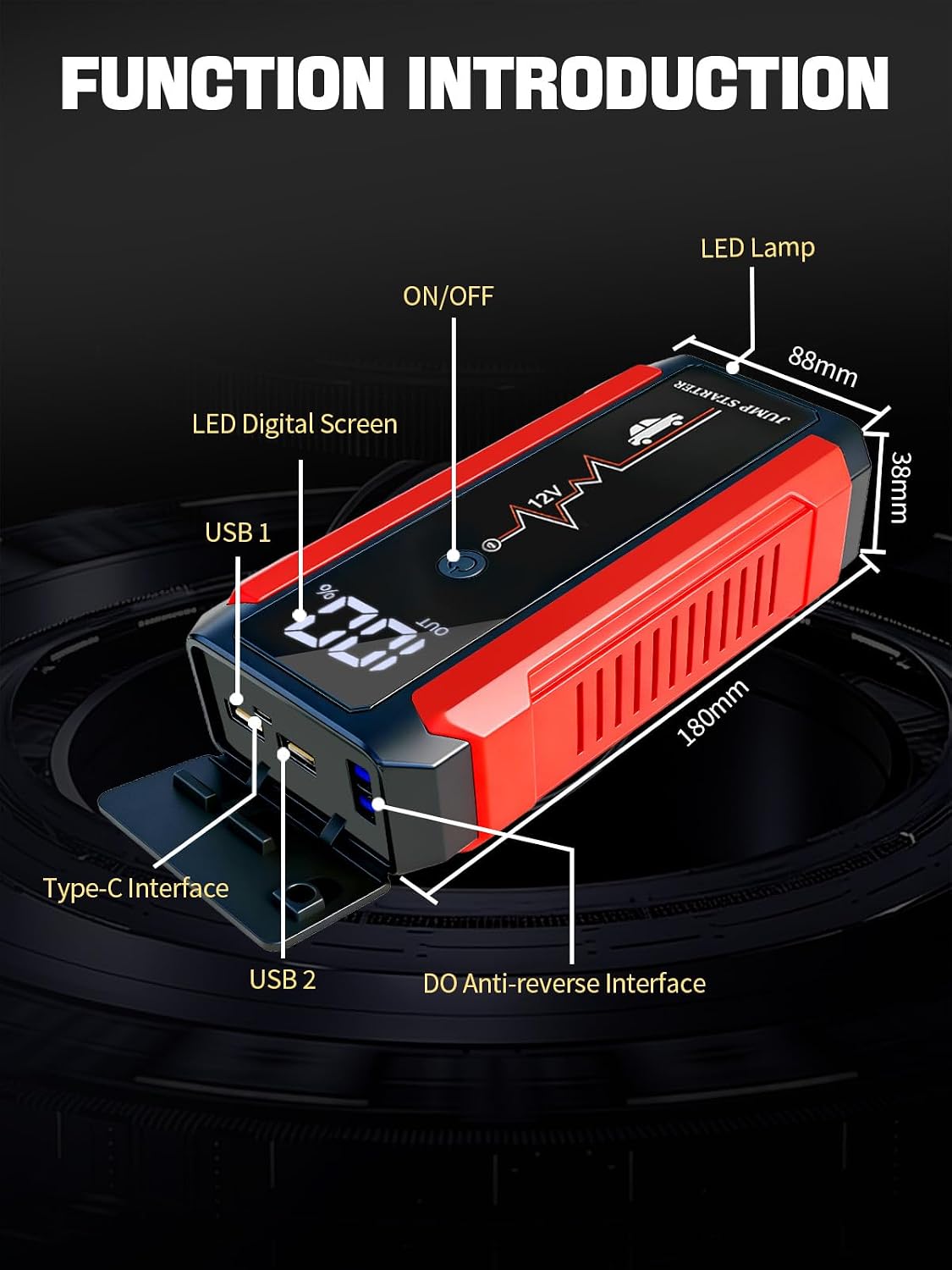 Car Battery Jump Starter,1200A Peak Portable Jumper Starter Battery Power Pack for 12V Gasoline Car,Portable Jump Box with 3Modes Flashlight and Jumper Cables CarStarter with LCD Display and LED Light