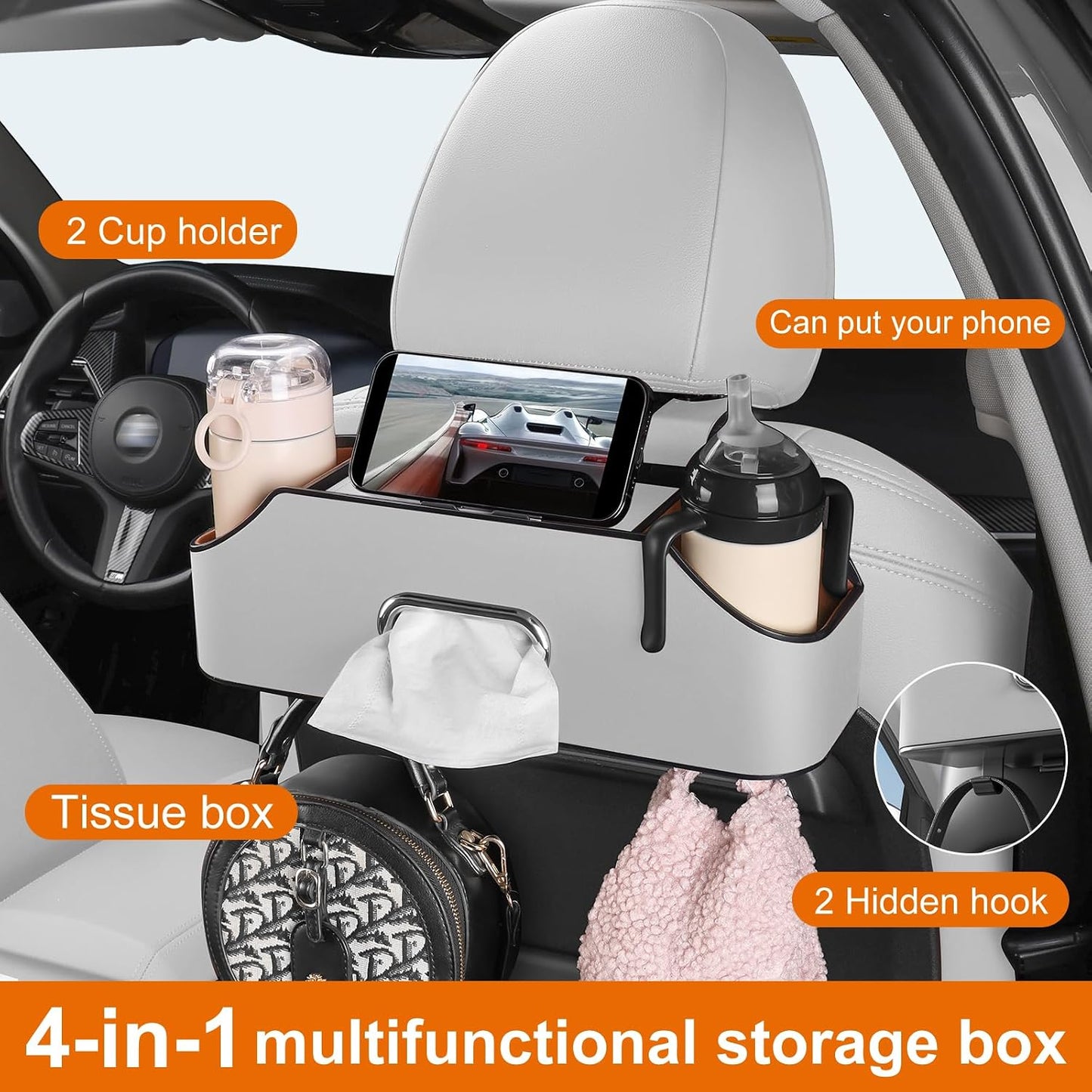 Car Rear Backseat Extra Multifunctional Drink Cup Holder Organizers with Tissue Storage Box Organizer & Hooks for Car Seat Back (Gray)
