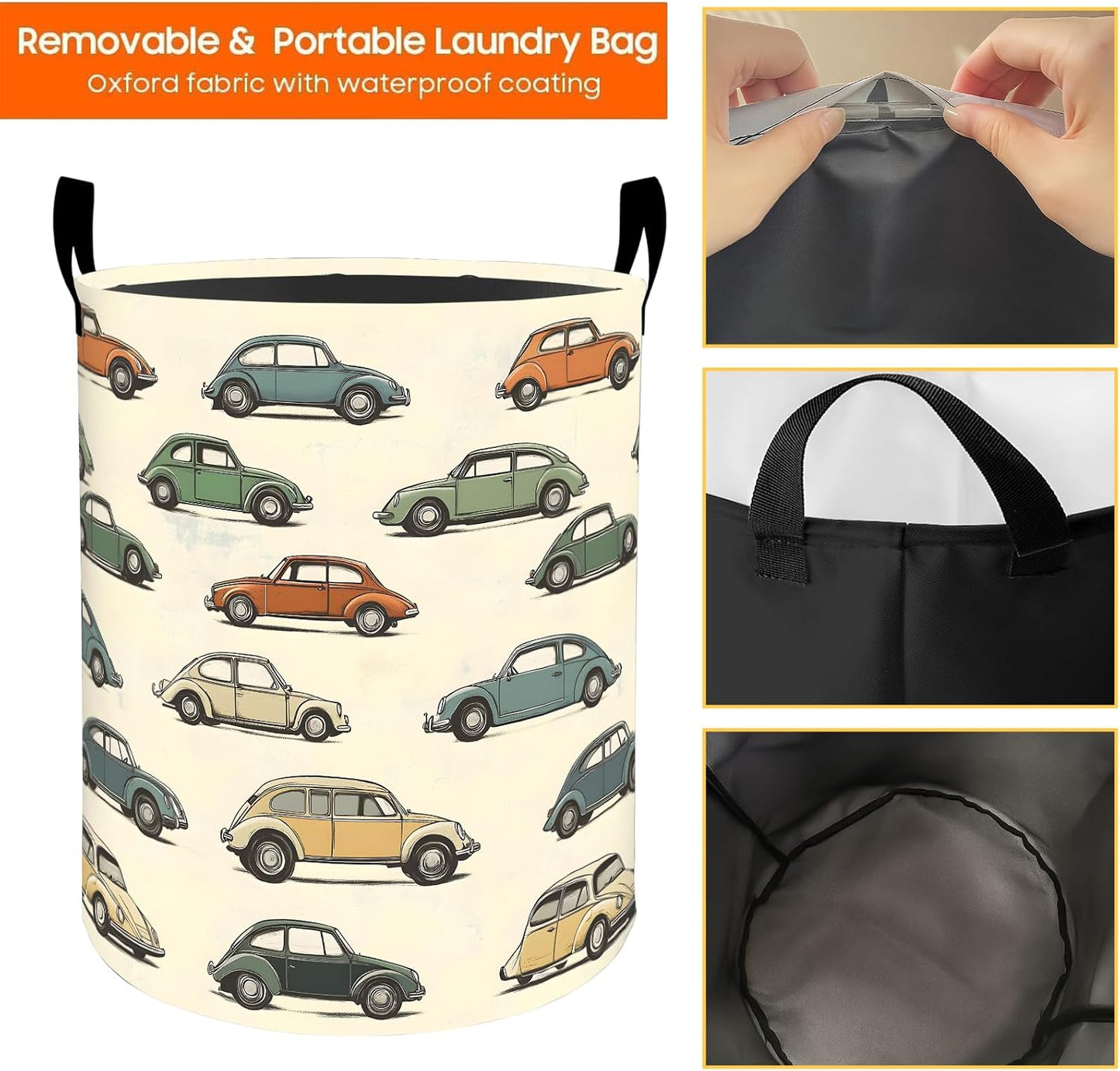 Classic Car Laundry Basket Vintage Vehicle Cartoon Waterproof Oxford Fabric Cloth Storage Hamper, 19.7x15.7 Inch Retro Auto Portable Dirty Baskets Decor Gifts for Living Room Bathroom