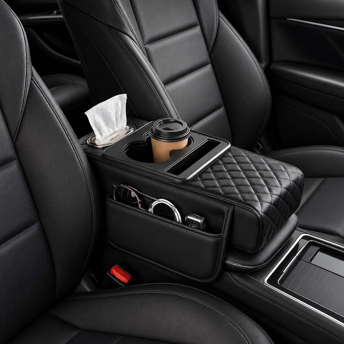 Multifunctional PU Leather Car Armrest Box Mat, 5-in-1 Center Console Cover with Cup Holder with 2 Storage Bags, Tissue Box Slot, Phone Slot for Universal Most Cars,Velcro Design (Black*A)