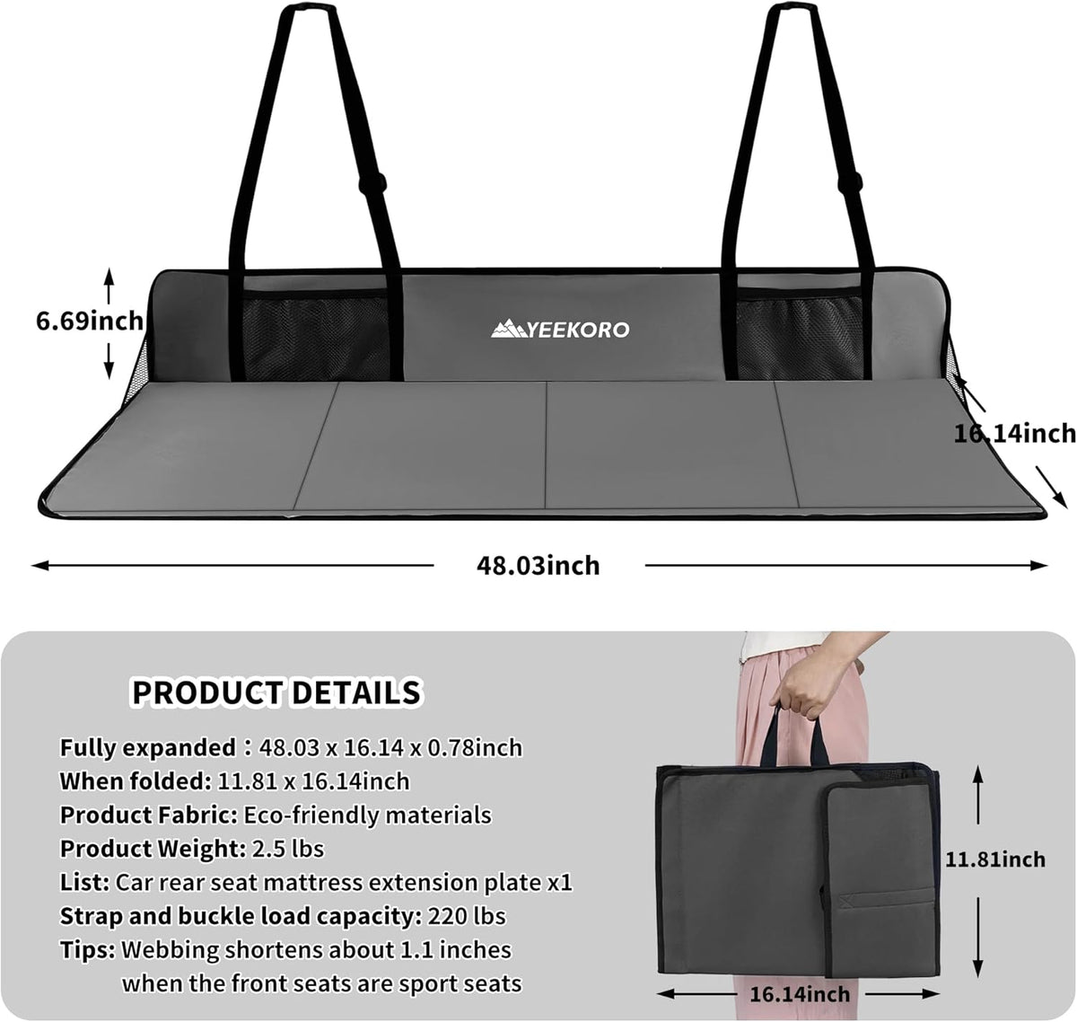 Car Rear Seat Mattress Extension Plate, Foldable Car Back Seat Extender，Portable Mattress for Sleeping, Increase Travel Trunk Space and Car Bed Camping Space for Cars, SUV, Model Y/3