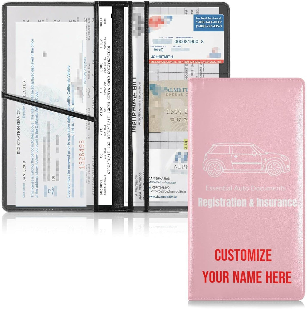 Custom Car Registration and Insurance Card Holder Personalized Leather Glove Box Organize Men Women Wallet Accessories Case for Cards, Essential Document Driver License Pink