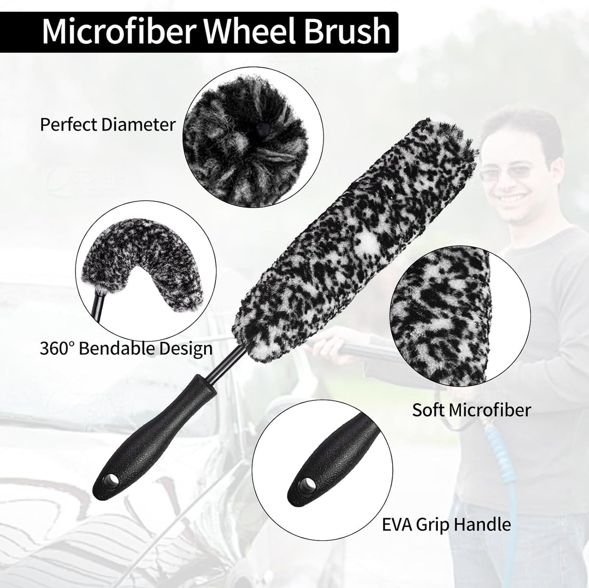 Bendable Wheel Brush Kits Soft Microfiber Wheel Cleaner Brush Synthetic Woolies No-Scratch Wheel Cleaning Brush Car Detailing Rim Tire Brush