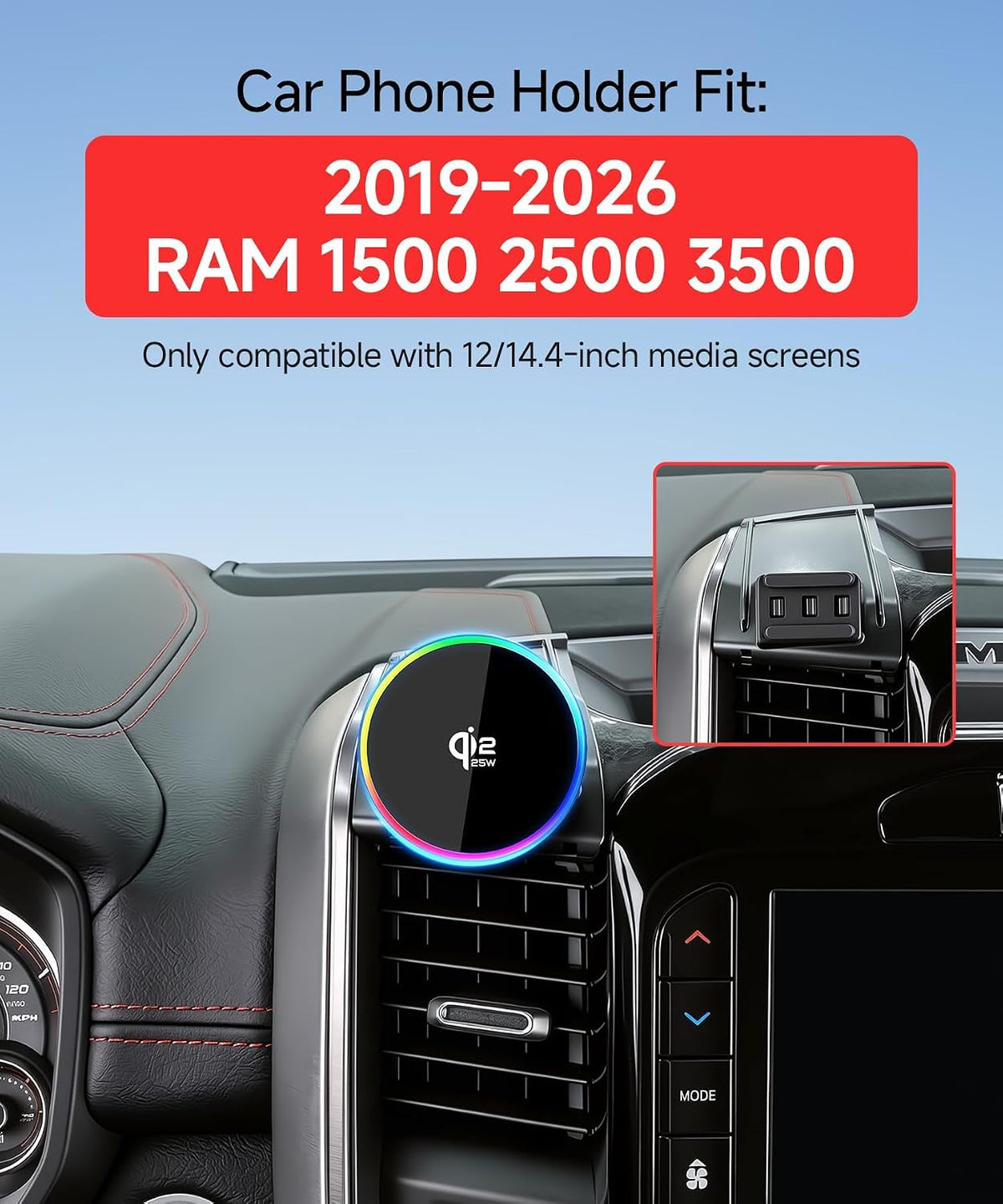 Qi2.2 25W Wireless Charger Car Phone Mount for Dodge Ram 1500 2019-2026