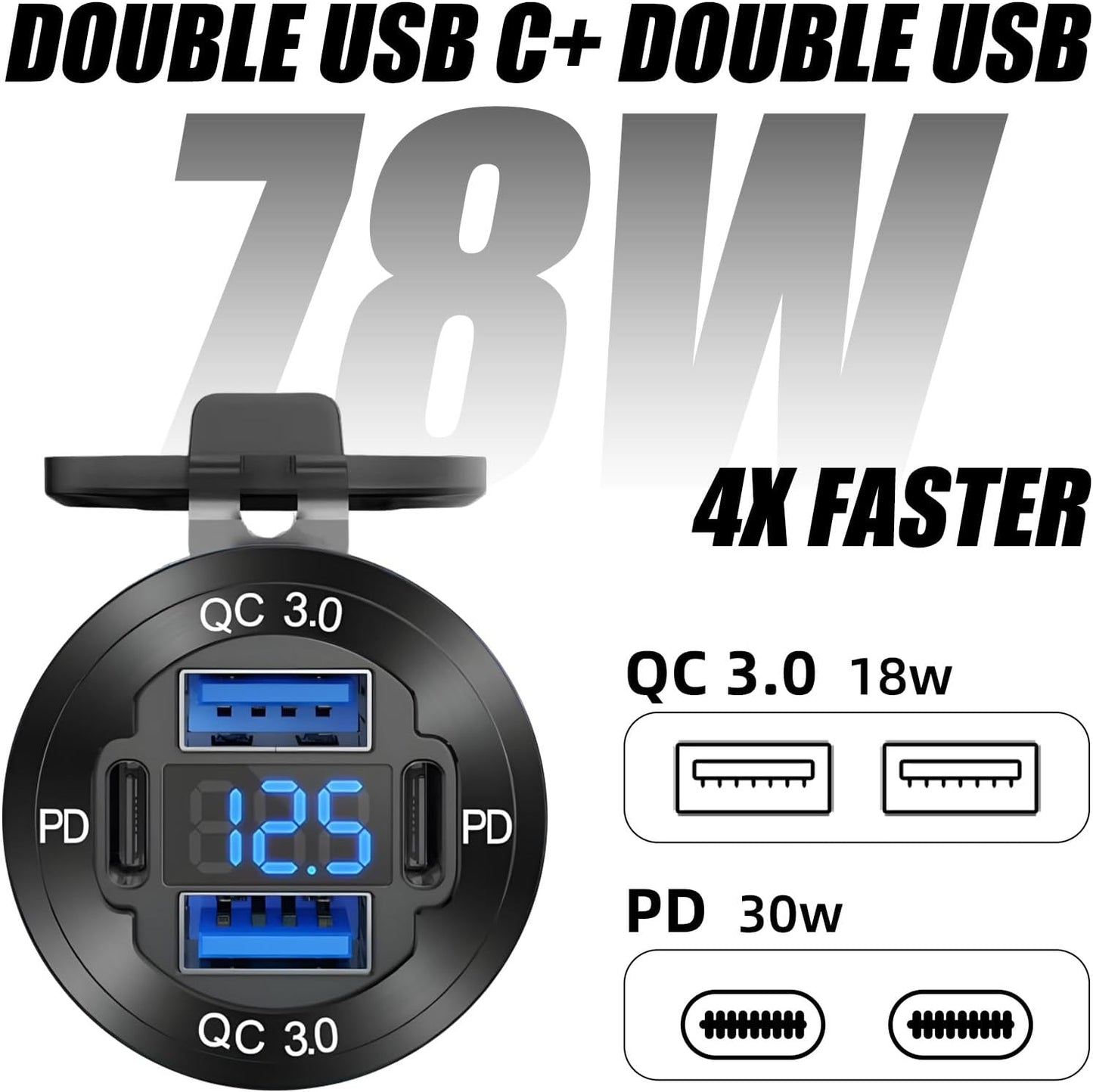 Upgraded 4 Port 12V USB Outlet, 78W Dual PD & QC Aluminum Alloy USB Ports with LED Voltmeter Waterproof for Cars, Cigarette Lighter Replacement 12V Socket for Boats RV Trucks and Motorcycles