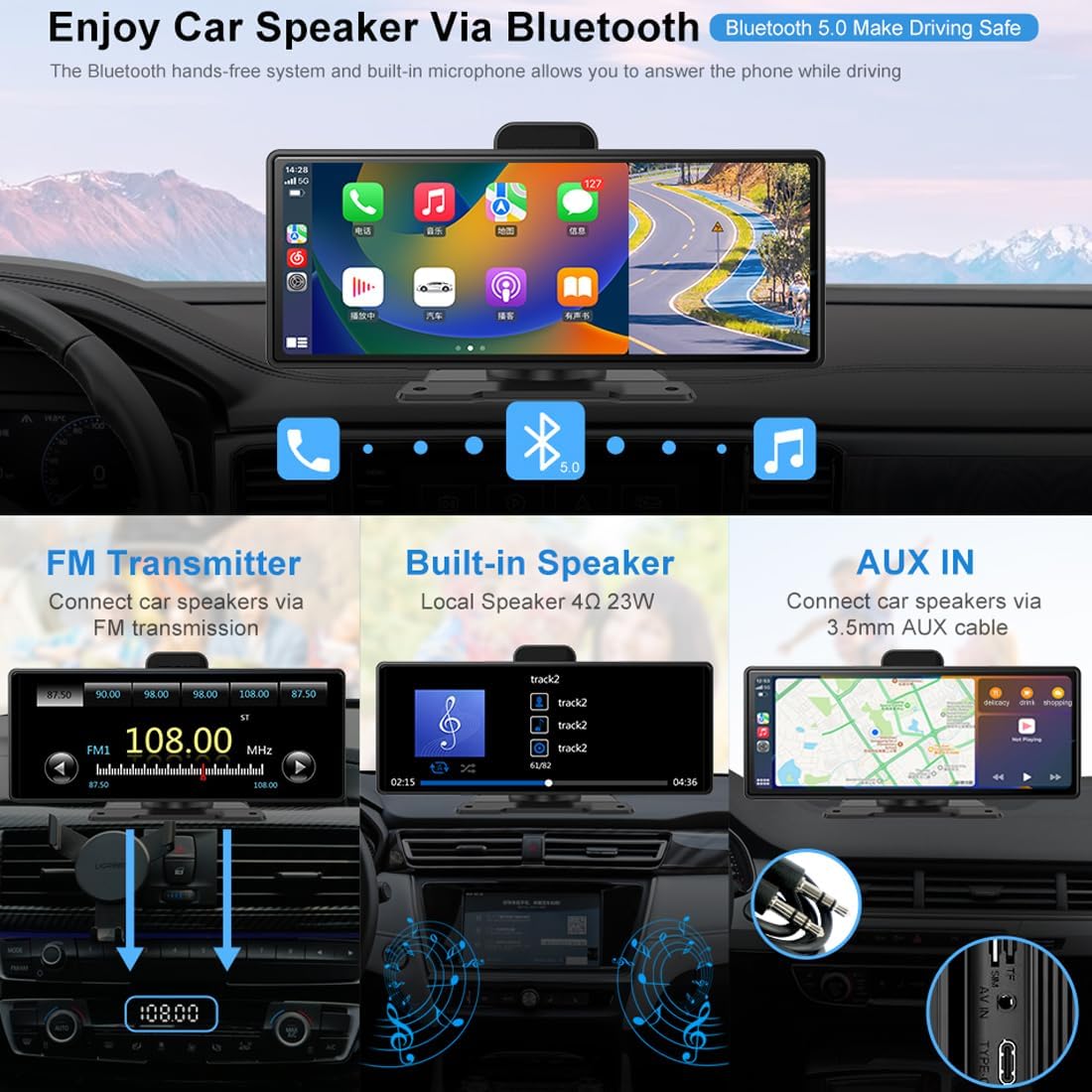 Portable Car Stereo Wireless Apple Carplay & Android Auto 10.26 Inch 2K DVR + 1080P Rear Camera Touchscreen Car Monitor Bluetooth Hands Free Call, Mirror Link/AUX/FM Transmitter for All Vehicle Truck