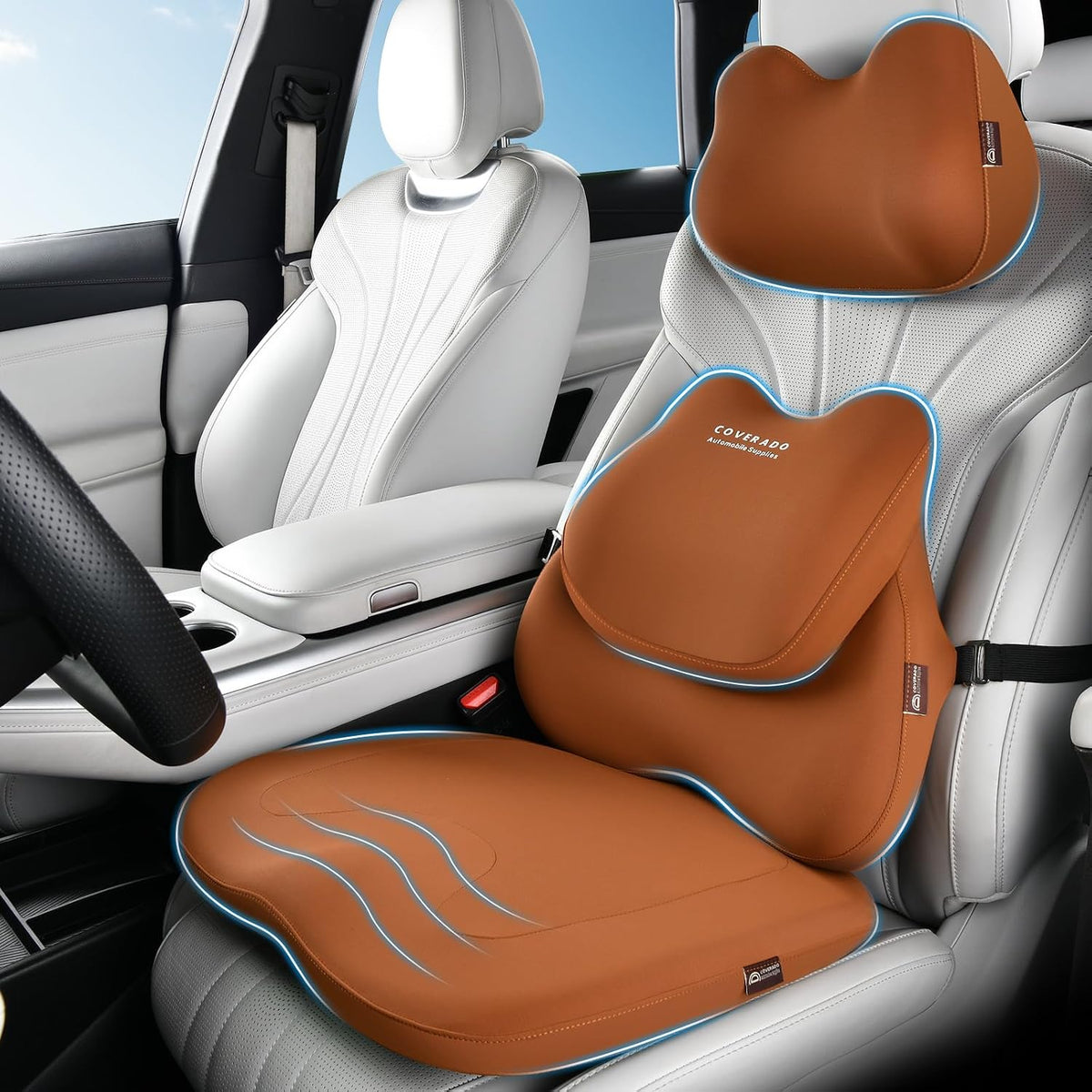 Coverado Car Seat Cushion and Lumbar Support Pillow with Headrest, Memory Foam Cooling Silk Ergonomic Cushion for Driving Back Neck Pain Relief Universal Fit Coffee