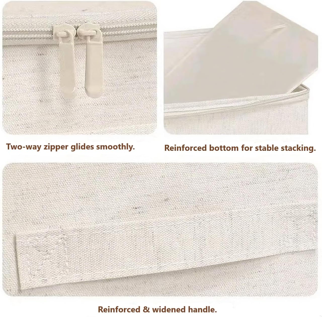 [3 Pack] Beige Cotton Linen Collapsible Storage Bins for Home Organization, Waterproof Fabric Foldable Organizer Boxes, 17.72 x 13.78 x 10.24 Inches, Zippered Flap & Handle (Large)