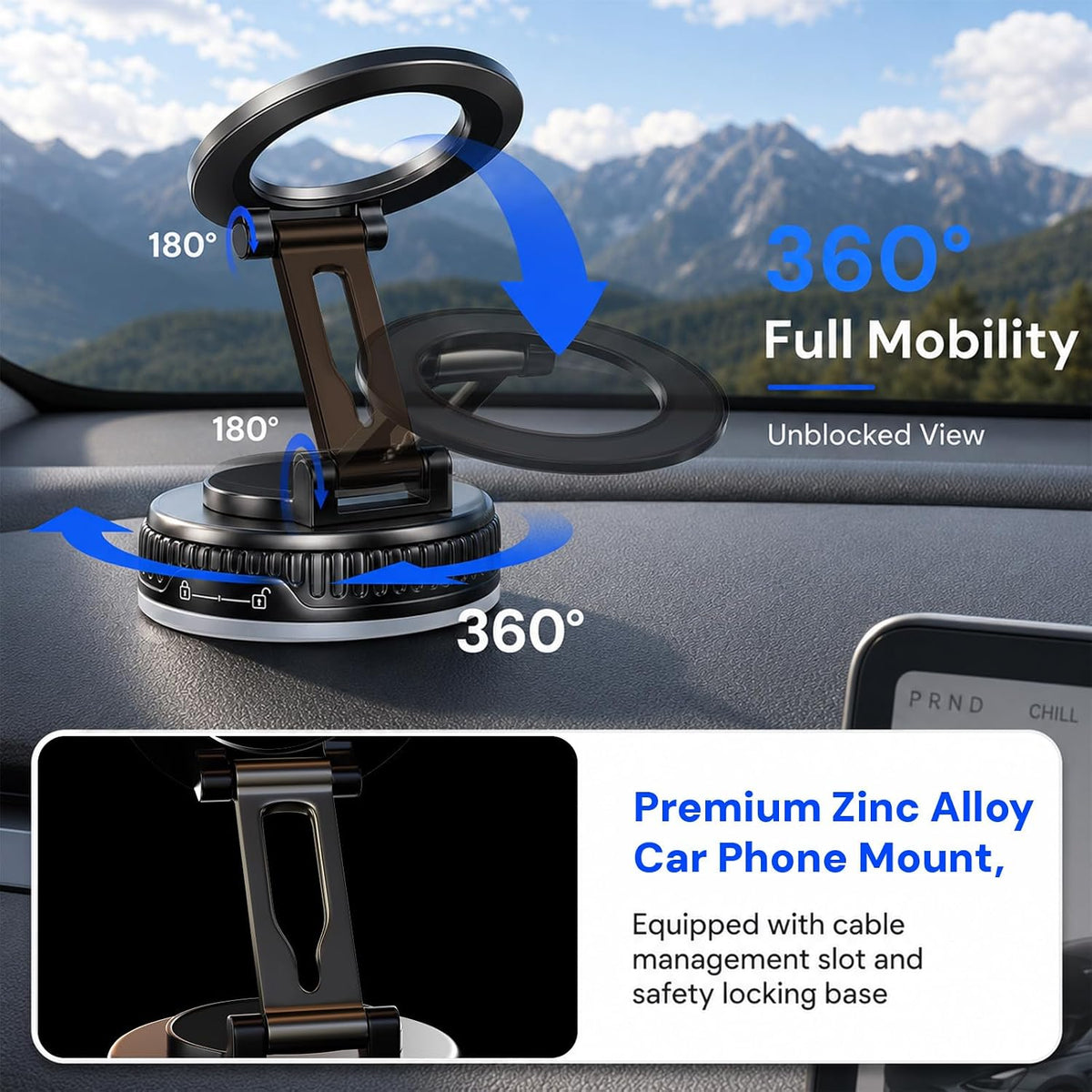 2026 Upgraded Magnetic Car Phone Mount for MagSafe: 360° Rotatable Adjustable Holder with 180+LBS Strong Suction Cup & 2800gf Magnet, Compatible with iPhone 17/16/15 Series & Android Devices