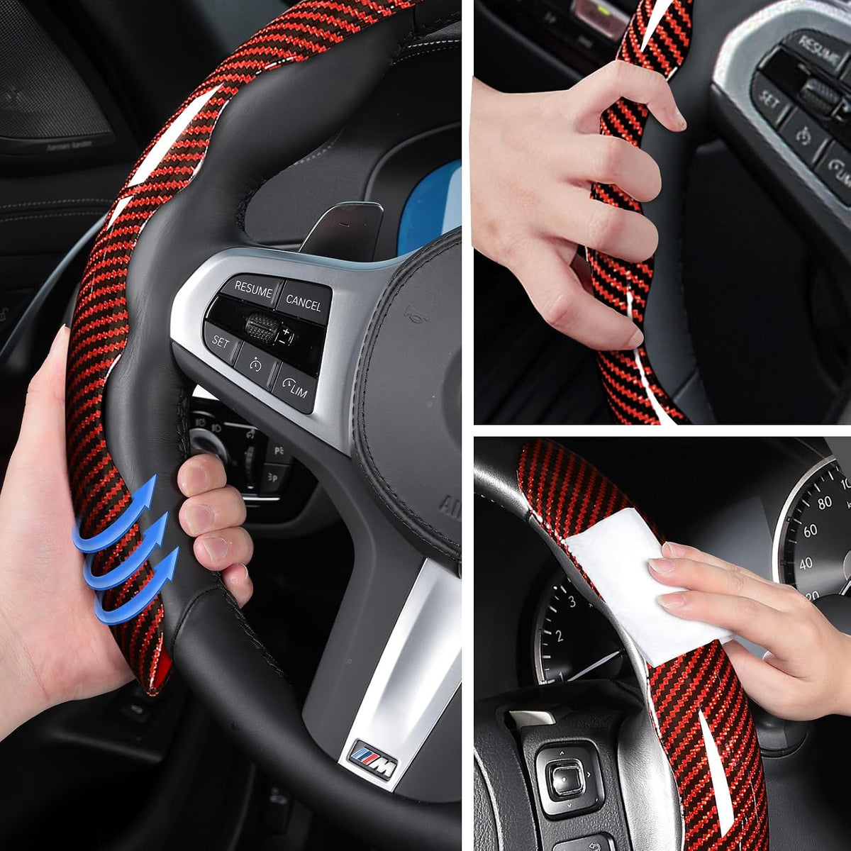 Car Steering Wheel Cover Set Bright Carbon Fiber Wrap Non-Slip 3pcs Steering Wheel Accessories 14.5-15 inch Universal (Red)