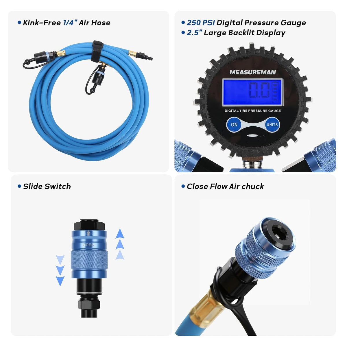 MEASUREMAN 4-Wheel Rapid Air System, 4 Units & LCD Backlight, Portable Off-Road Tire Inflation Deflation Kit with Digital Equalizer Gauge for Overlanding and Vehicle Adjustment