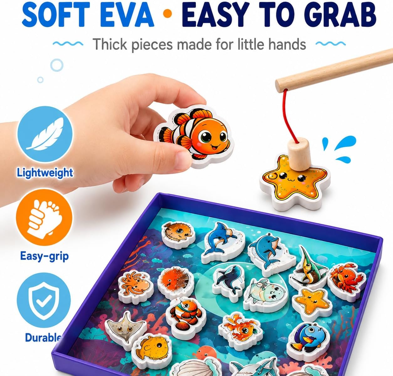 TRAVOFUN Magnetic Fishing Game Book for Kids Ages 3-8, Travel Toys for Toddlers 3-5, Road Trip and Airplane Activities, Quiet Portable Car Ride Toy with 2 Poles and 27 Ocean Fish