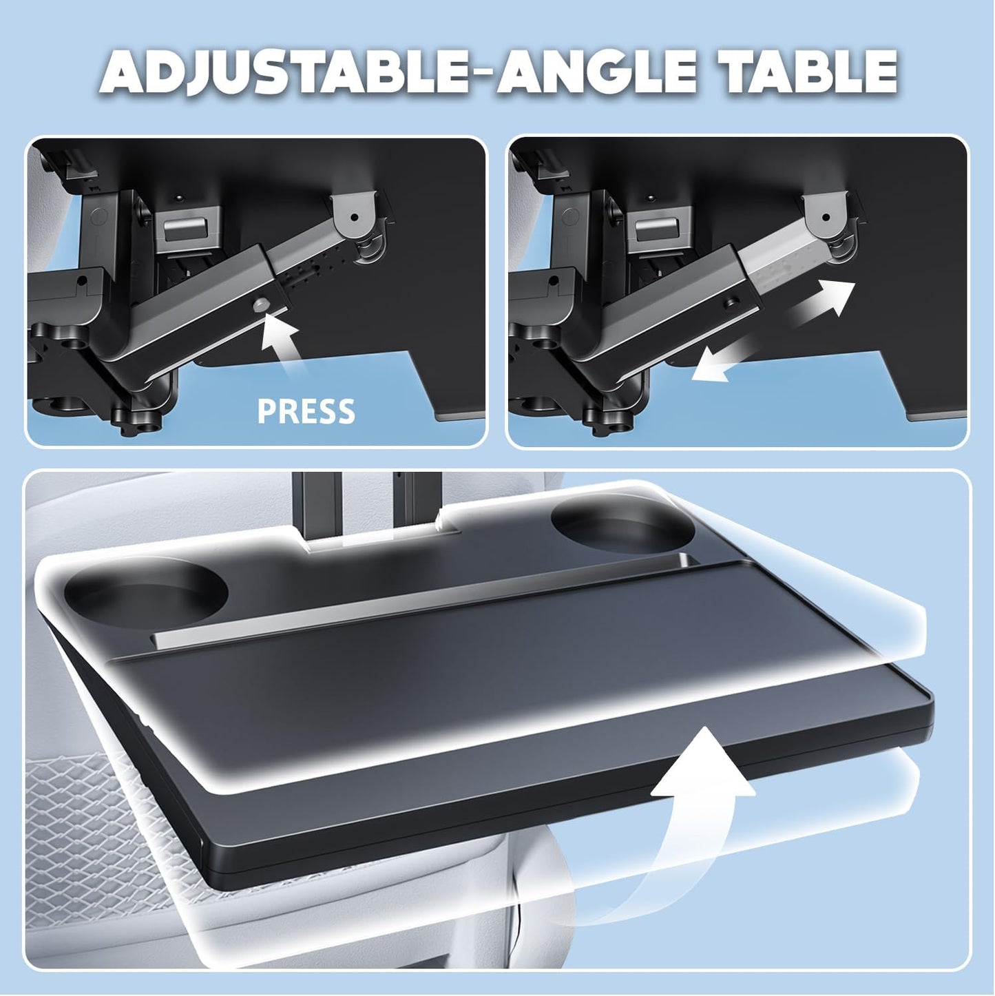Car Back Seat Tray Table, Stable Foldable Auto Backseat Food Trays Desk for Rear Passenger Road Trip Eating & Work, Multifunctional Adjustable Travel Tray with Phone Drink Holder for Laptop iPad
