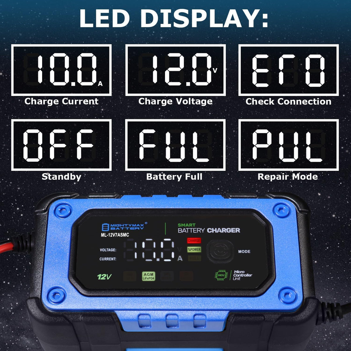 Mighty Max Battery 12V 7A Smart Battery Charger and Maintainer with Repair Mode Compatible with LiFePO4, SLA, Gel, AGM and Wet Cell Batteries