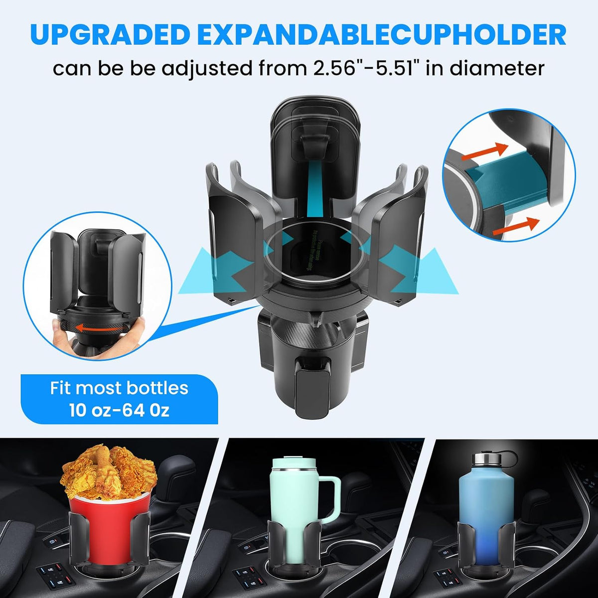 Octomo Car Cup Holder Expander, Hold 2.9" to 5.5" Large Bottles