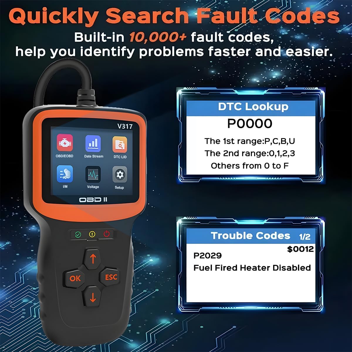 Zpana Car OBD2 Scanner Diagnostic Tool, Vehicle Check Engine Fault Code Readers, Data Clear I/M Readiness Automotive Error Scan Tool Accessories, Universal for SUV, Sedan, Truck