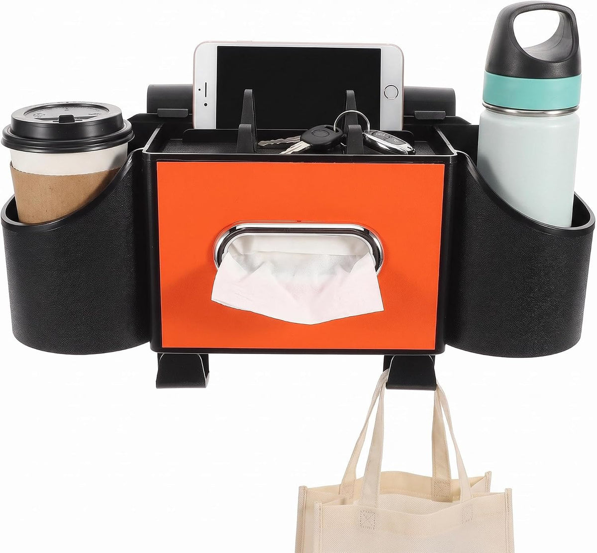 Ciieeo Back Seat Car Organizer with Cup Holder Tissue Box Headrest Hooks Phone and Snack Storage Car Backseat Storage Organizer for Travel SUV Sedan Interior