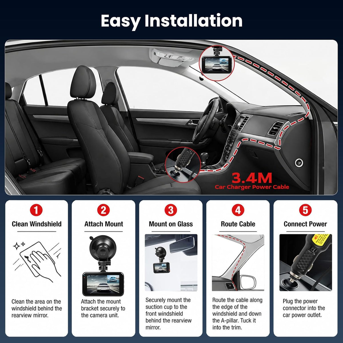 4K Dual Channel Dash Cam 360° Front and Rear 3'' Car Camera with 64G Card