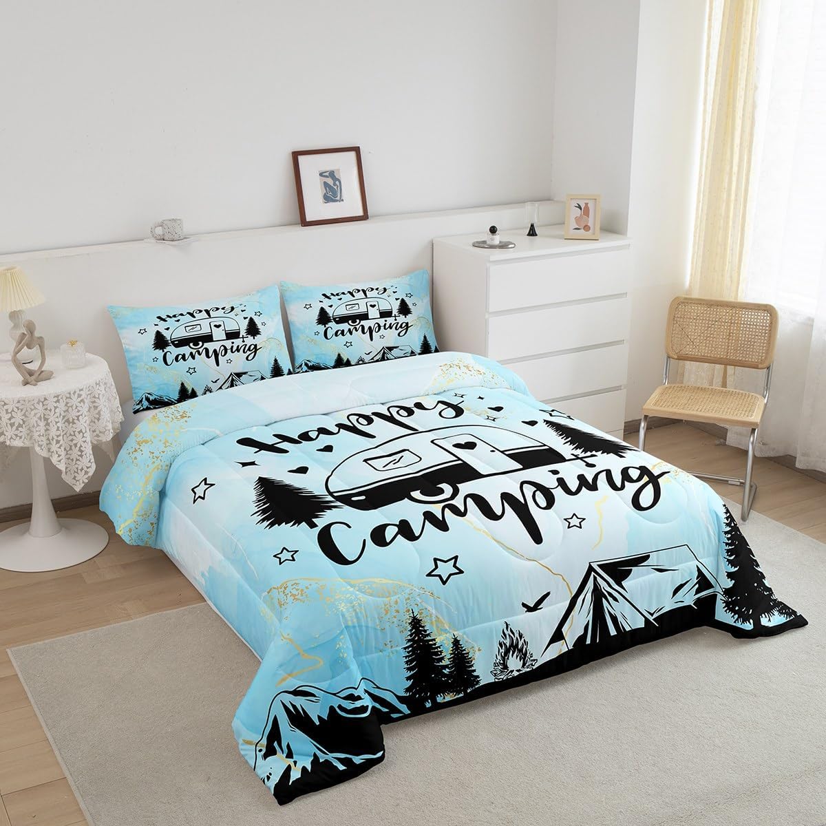 Manfei Happy Camping Camper Kids Comforter Set Twin Size,Star Pine Tree Mountain Bedding Set,Girls Boys Room Decor,Rustic Farmhouse Cabin Quilt Comforter,Blue Country Duvet Insert,1 Pillowcase