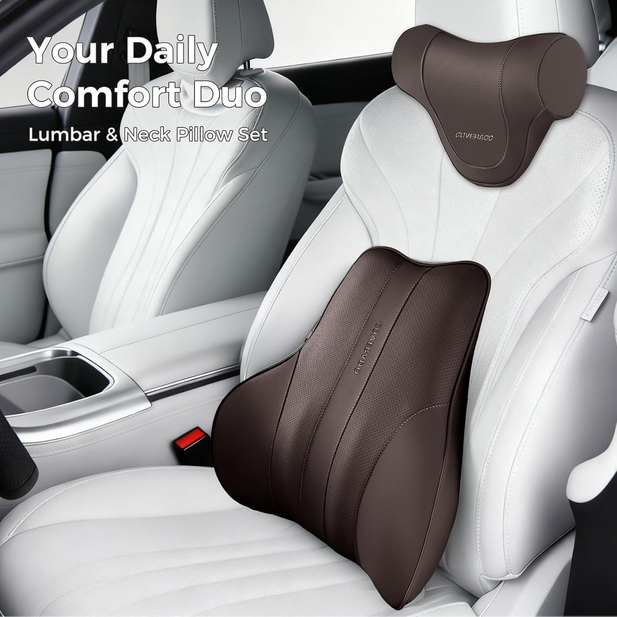 Coverado Lumbar Support Pillow for Car, Ergonomic Memory Foam Back Pillow for Office Chair, New Back Cushion for Pain Relief, PU Leather Car Lumbar Support for Driving Seat