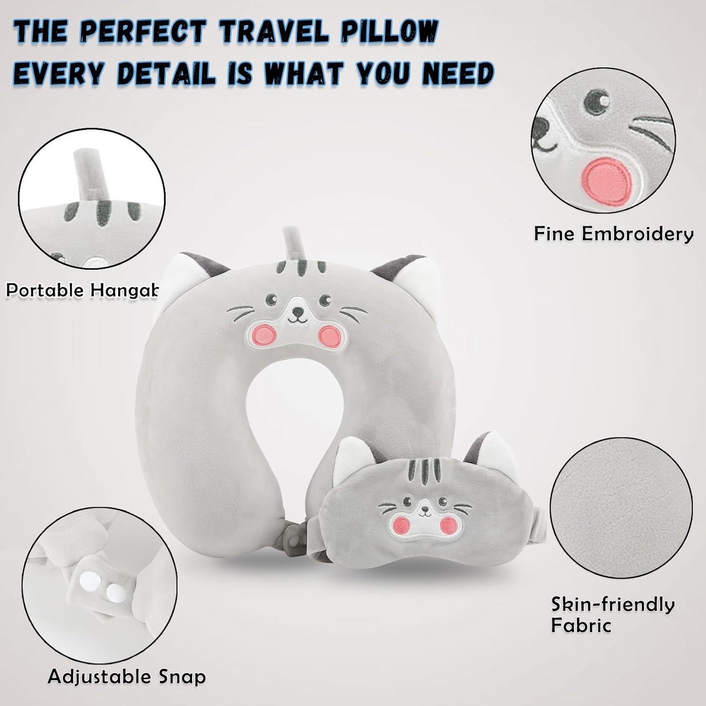 Travel Pillow, Kids Travel Pillow with Sleep Eye Mask Soft Memory Foam Kids Neck Pillow for Boys & Girls, Travel Accessories for Car Airplane Traveling - Grey Cat