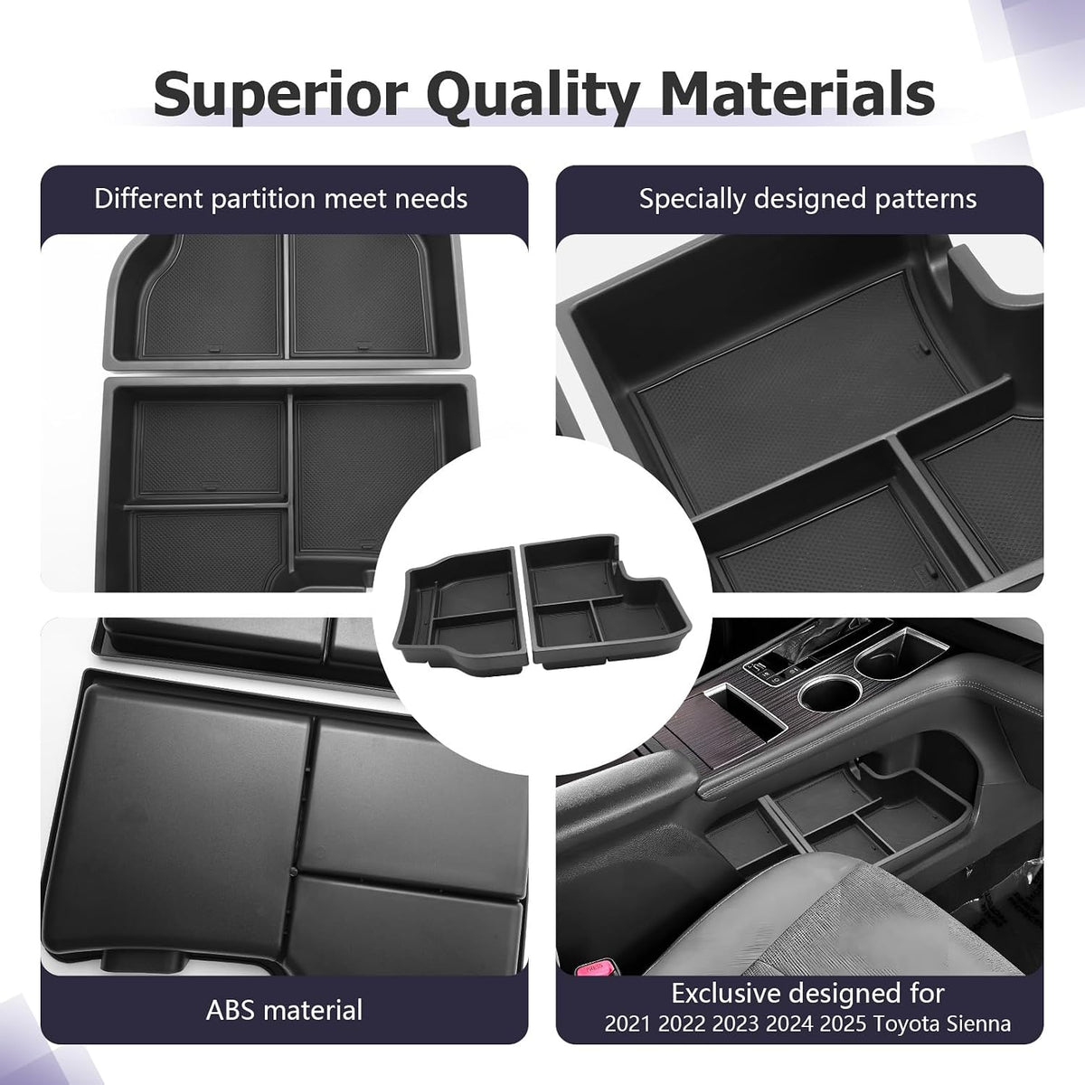 LUWU Lower Center Console Tray Storage Box for 2021 2022 2023 2024 2025 2025 Toyota Sienna Accessories Console Bottom Organizer ABS Material Interior Black 2-Pack (Not Fit w/Refrigerator)