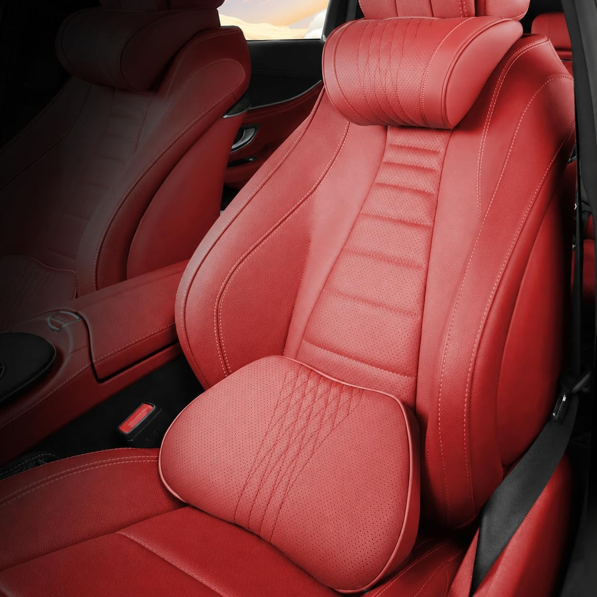 Universal Memory Foam Car Headrest Neck Pillow Auto Neck Cushion (Red, Headrest Lumbar+Lumbar Cushion)