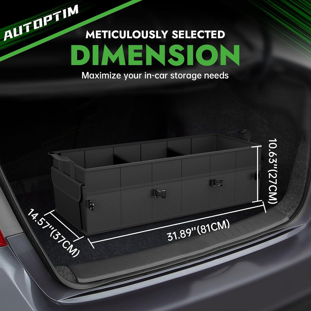 AUTOPTIM Car Trunk Organizer - 85L Collapsible Car Organizer with Non Slip Bottom & Multiple Pockets for Groceries, Trunk Storage with Base Panel for SUV Sedan Van, 3 Compartments (Black, X-Large)