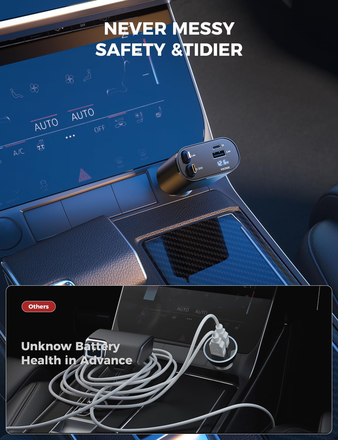 [Upgraded] SUPERONE Retractable Car Charger 4 in 1 Fast Phone Charger