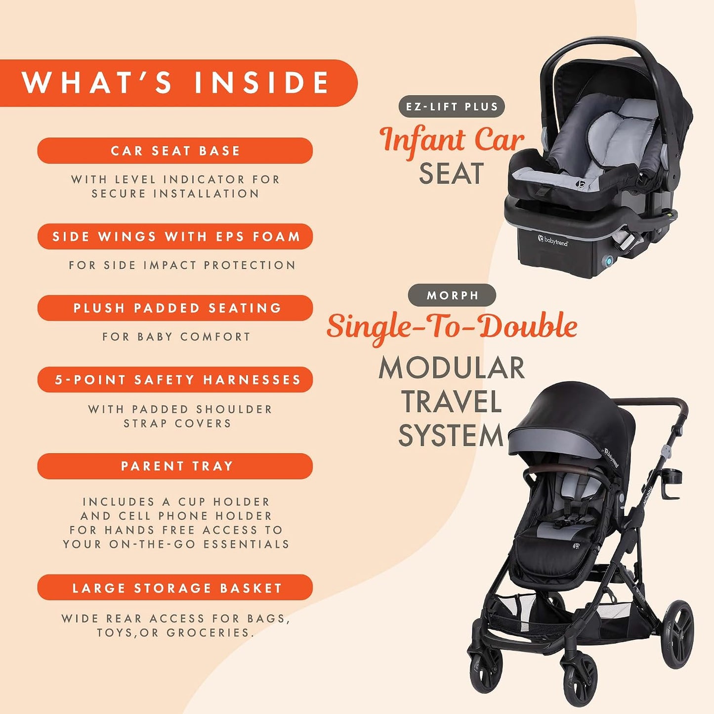 Baby Trend Single to Double Stroller & EZ-Lift Plus Infant Car Seat Combo, Dash Black - Lightweight and Compact Travel System Tandem for Babies, Infants, and Toddlers