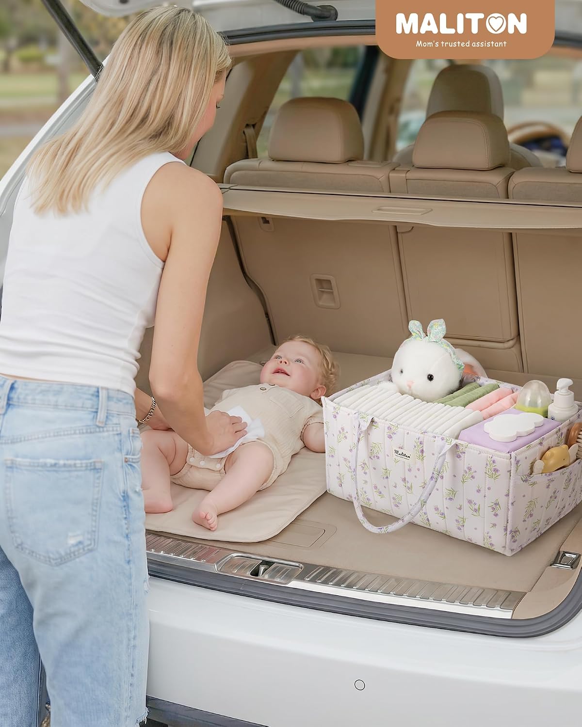 Maliton Diaper Caddy Organizer with 2 Side Pockets, Portable, Purple Floral | with Handle and Removable Dividers, Nursery Storage Basket, Car Organizer for Diapers & Wipes. Boy & Girl Shower Gift