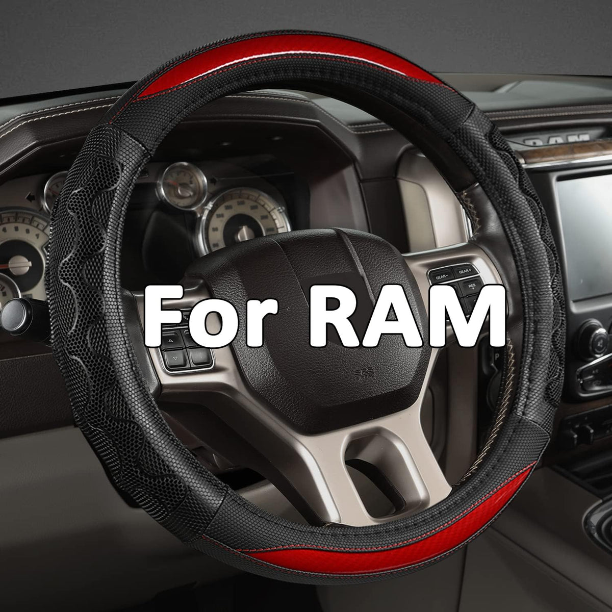 GIANT PANDA Car Steering Wheel Cover for Dodge Ram 1500 2500 3500 15.5-16 inches - Black+Red