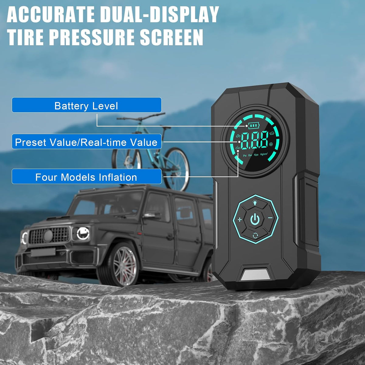 Portable Tire Inflator Air Compressor, 5X Faster 150PSI Cordless Air Pump with 25000mAh Battery Power Bank, Digital Gauge Auto Shutoff LED Light for Car Tires Bike Motorcycle Balls Roadside Emergency