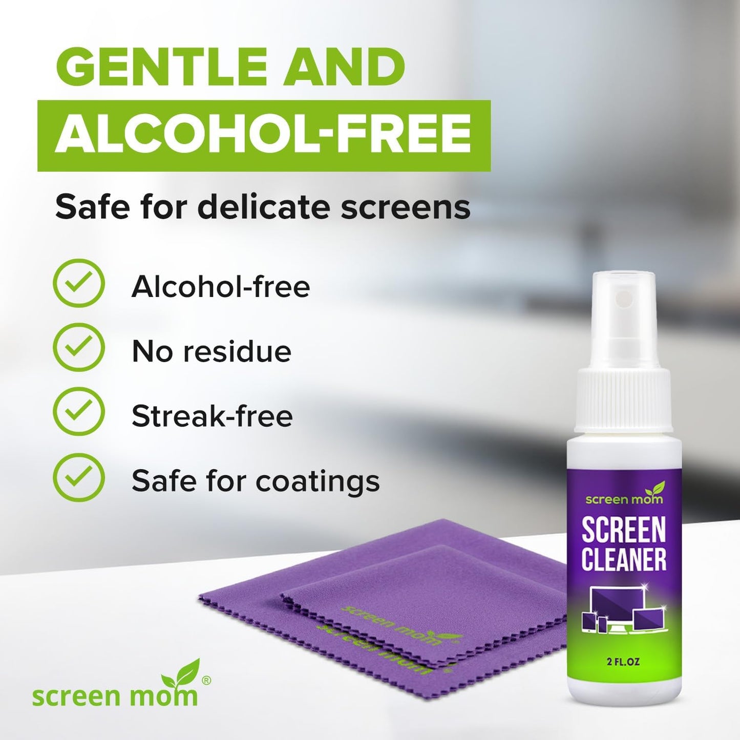 Screen Cleaner Spray and 2 Microfiber Cloths - 2oz Bottle by Screen Mom-Screen Cleaner Spray and Wipe for TV, Computer, Phone, iPad, Car Screen Cleaning Kit Electronic Cleaner Spray
